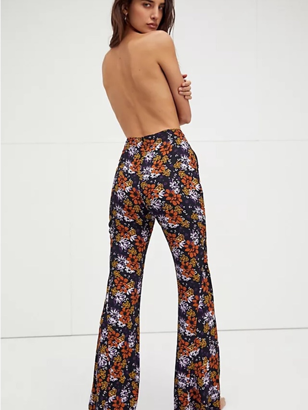 Free People Black Floral Bootcut Pants with Lilac, Orange & White Blooms